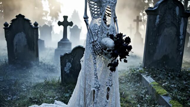 A dramatic low-angle shot captures an eerie, gothic skeleton bride standing and holding a black rose bouquet in a foggy, overgrown cemetery.