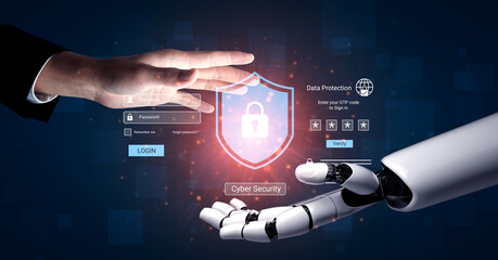 A conceptual representation of cyber security featuring a human hand and a robotic hand interacting over a digital shield, highlighting modern security measures. Gantry