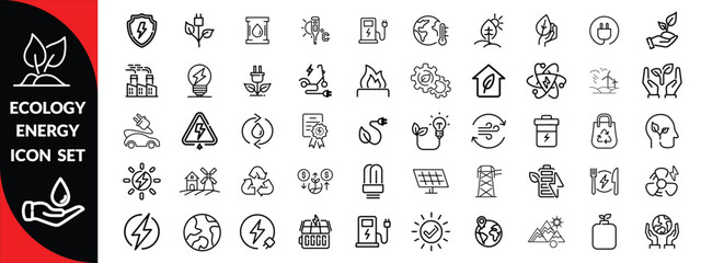 Ecology energy icon set. Containing renewable energy, ecology, green electricity, and more. Editable stroke. Ecology Big Icon Set.