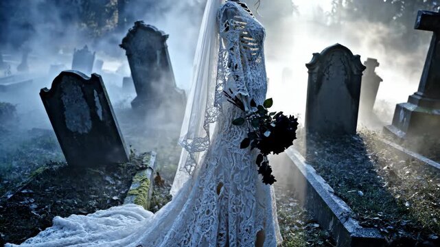 An eerie ghost bride in a tattered white wedding dress stands dramatically among ancient gravestones, holding a dark bouquet in the foggy cemetery.