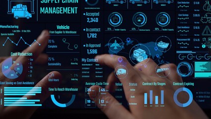 Supply chain management interface showing delivery routes, warehouse efficiency, cost savings, vehicle tracking, procurement ROI, and contract stages. Futuristic supply chain monitoring system. Thunk
