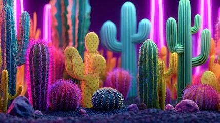 Vibrant Neon Cactus Garden with Purple and Pink Lighting colorful Photo