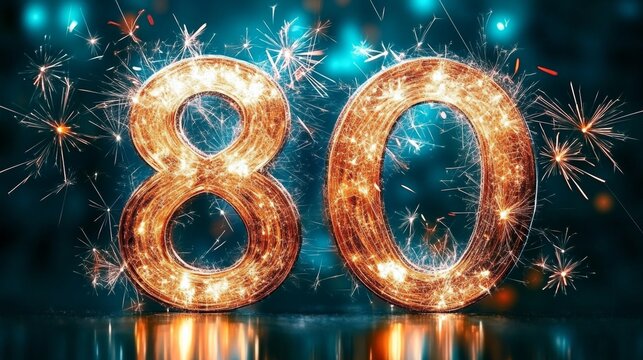 Eighty Years Celebration with Sparklers Brightening the Dark Night Sky, Joyous Anniversary Party