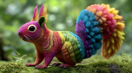 Vibrant Rainbow Squirrel Sitting on Mossy Ground in Forest colorful animal Photo