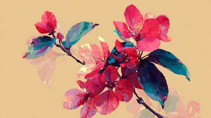 Vibrant Watercolor Style Cherry Blossoms on Soft Yellow Photo Background flowers pink