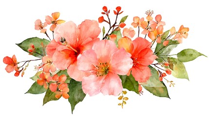 Vibrant Watercolor Floral Bouquet with Coral and Pink Hibiscus painting Photo