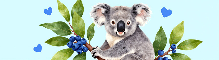 Obraz premium digitally illustrated koala perched lush branch surrounded vibrant green leaves plump blue berries scattered blue