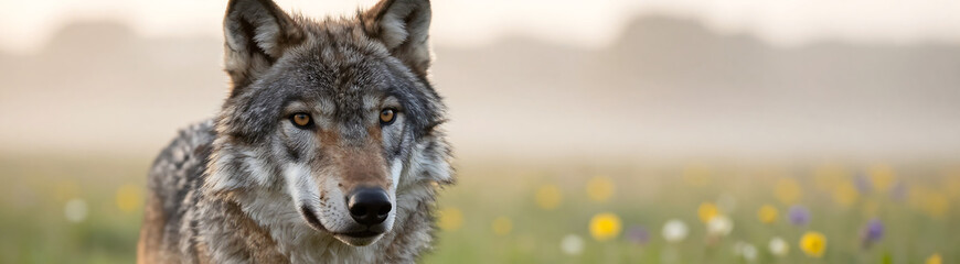 Fototapeta premium gray wolf face set soft warm spring landscape blooming wildflowers misty sunrise