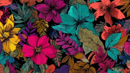 Vibrant Tropical Floral Pattern With Exotic Colors on Photo Black flower