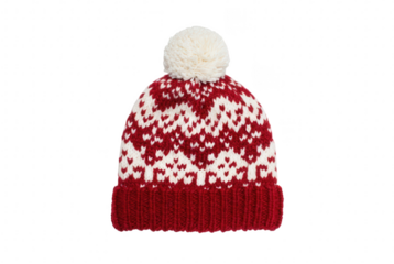 Hand-knitted winter beanie with white pom-pom and red snowflake pattern displayed isolated