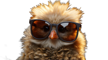 Adorable Young Fledgling Owl with Messy Feathers Wearing Stylish Sunglasses