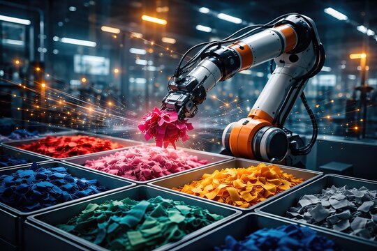 Industrial automation with robotic arm operating colorful textile material sorting in a modern manufacturing environment enhancing efficiency and precision