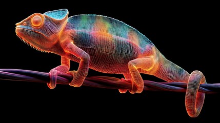 Wireframe Chameleon with Rainbow Colors on a Branch Against Photo Black reptile rendering