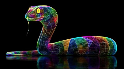 Wireframe Rainbow Snake with Reflective Surface and Neon Glow reptile animal Photo