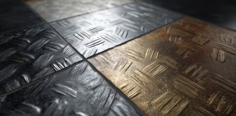Close-up of a textured metal floor with a checker plate pattern, reflecting light and shadow.