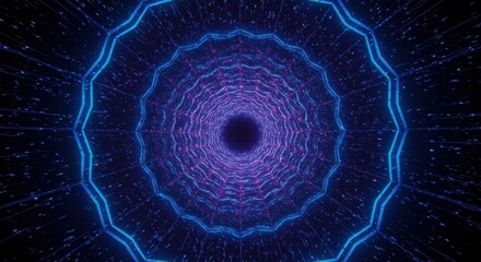 Futuristic tunnel environment created with glowing blue and purple neon light structures