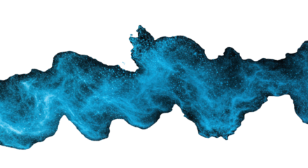 A vibrant blue spray, composed of iridescent, microscopically tiny particles, rapidly expands into an ethereal cloud against a stark black background, frozen in motion. Concept of purity and