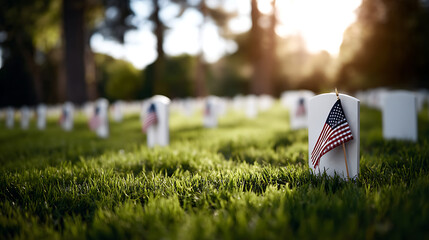 Serene military cemetery with American flags on graves at sunset