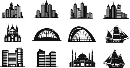 Black silhouette icons of global architecture and ships, city skylines, religious buildings, Gothic cathedral, dome structures, sailing vessels © Monjurul Creatives