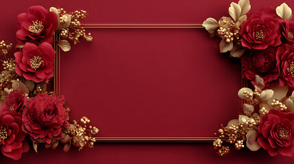 Luxury chinese background festive oriental background red flower frame with gold leaf decoration elegant floral border for celebration greeting card or wedding invitation design