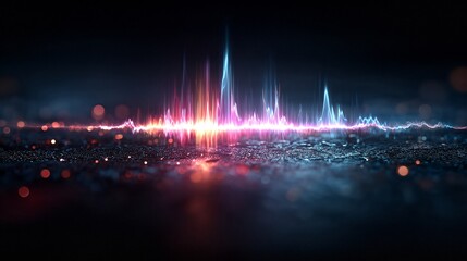 Vibrant sound wave visualization with colorful glowing peaks and bokeh lights on dark background for music technology and digital audio concept