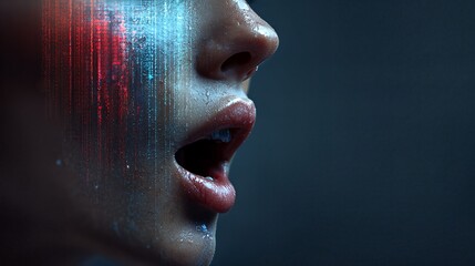 Close up of a person's face with glowing red and blue lines across their cheek and mouth open as if speaking or screaming, dark background