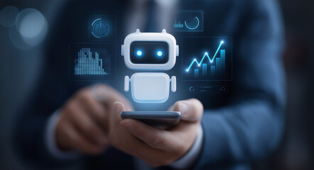 Businessman using an artificial intelligence robot chatbot concept on a smartphone for marketing and sales support, business technology and online network connection data storage 