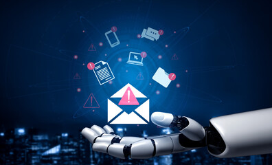 A robotic hand extends towards a burst of digital notifications, including an email icon, capturing the essence of modern communication and technology integration. Gantry