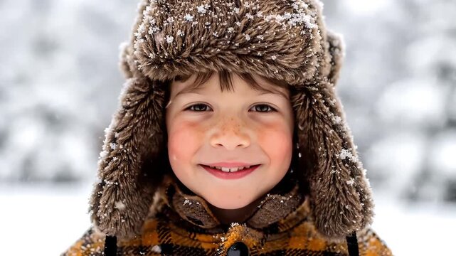Pure childhood joy and genuine warmth radiate from this smiling young boy playing outdoors in a cozy fur hat during a picturesque winter snowstorm.