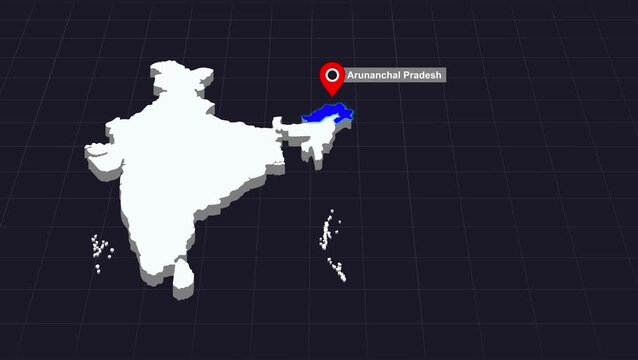 Arunanchal Pradesh Map highlighted in Indian Map shown on a detailed map animation
