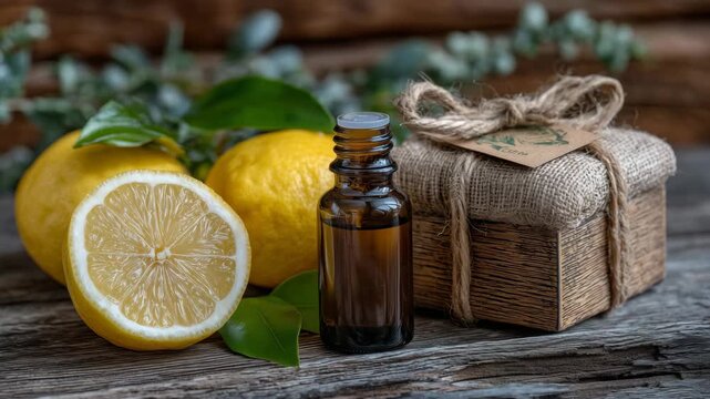 Close-up artistic composition of sliced and whole lemons glistening with juice, next to a vintage essential oil bottle wrapped with twine and a kraft-paper tag, resting on aged woo