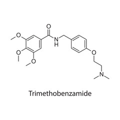 Trimethobenzamide molecule chemical structure &ndash; antiemetic drug used for nausea and vomiting treatment, skeletal formula on white background