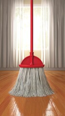 Red mop standing upright on a polished wooden floor in a room with white curtains, ready for cleaning tasks.