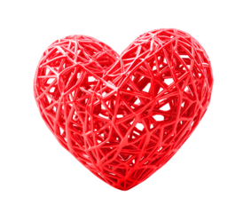 Abstract 3D image of bright red woven wireframe heart isolated on transparent background.
