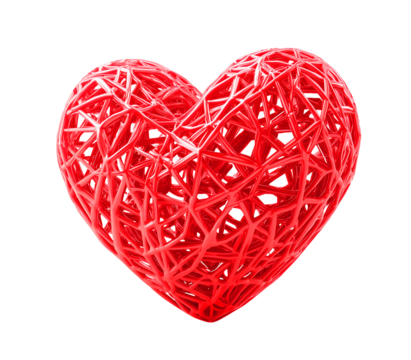 Abstract 3D image of bright red woven wireframe heart isolated on transparent background. - Powered by Adobe