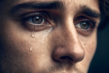 Fototapeta premium Tears of Reflection: A close-up view capturing the raw emotion of a person's tearful moment. The glistening teardrops cascade down their face.