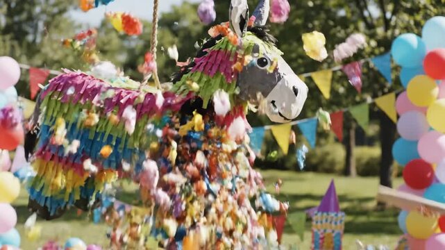 Donkey Pinata Exploding With Candy and Confetti at Outdoor Party