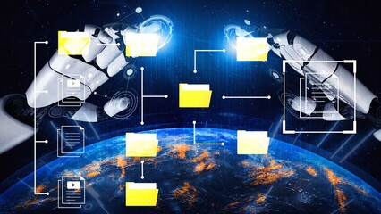 Advanced Technology and Robotics Concept with AI Managing Digital Files in a Futuristic Environment and Vibrant Globe Background Gluon.