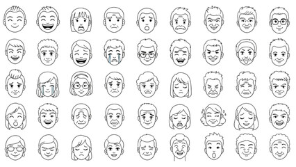 A collection of diverse facial expressions illustrated in a grid pattern on a white background