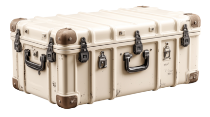 Vintage luggage metal suitcase travel case industrial box cream color distressed finish rugged corners steel latch carry handle retro style. Vintage luggage with industrial box design, isolated