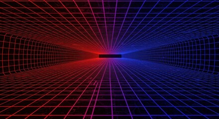 Digital tunnel structure glows with opposing red and blue neon illumination stretching toward a central vanishing point.