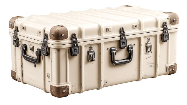 Vintage luggage metal suitcase travel case industrial box cream color distressed finish rugged corners steel latch carry handle retro style. Vintage luggage with industrial box design, isolated - Powered by Adobe