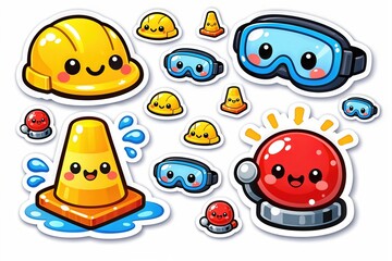Playful Safety Stickers Featuring Cute Hard Hats, Goggles, and Warning Cones Creating a Whimsical Atmosphere for Children's Learning Environments and Safety Awareness Campaigns