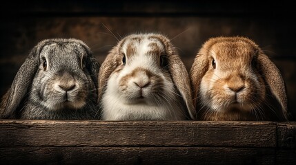 Three adorable rabbits with long floppy ears peeking over a wooden fence looking curious and cute on a dark background