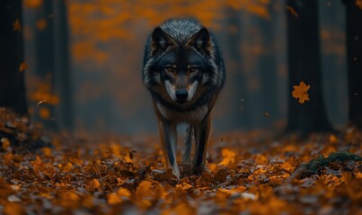 Wild wolf walks through dark autumn forest with vibrant fallen leaves