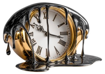 Melting clock liquid metal surreal art gold accent Roman numeral time distortion abstract concept vintage style glossy surface dreamy mood. Surreal melting clock with liquid metal drips, isolated