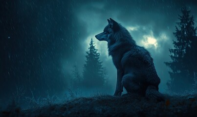 Wild gray wolf sits stoically in the misty forest rain under a cloudy night.