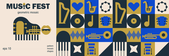 Geometric music fest mosaic with jazz pattern and modern concert template. © Alyona_Uvarova