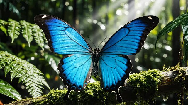 Close Up of Blue Morpho Butterfly Perched on Mossy Branch in Rainforest