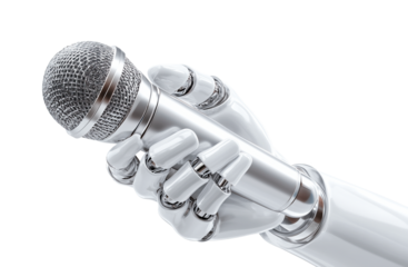 Highly detailed, futuristic 3D images of a glossy white robotic or cyborg hand holding a dynamic microphone on a transparent background